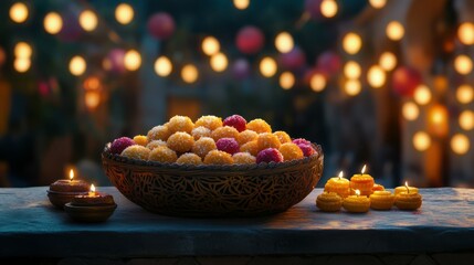 Traditional Indian sweets arranged in a decorative basket on a stone table, with a background of lantern-lit balconies and festive lights. Copy space, happy Diwali background, traditional