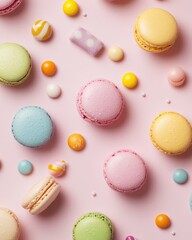 Wall Mural - A colorful arrangement of macarons and candies on a pastel background.