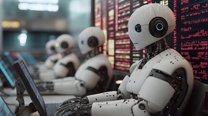 Three humanoid robots sit at computers, analyzing data displayed on surrounding screens in a futuristic environment.