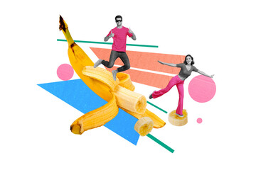 Banner magazine collage image of two people friends enjoy summer weekend on exotic resort eating organic banana