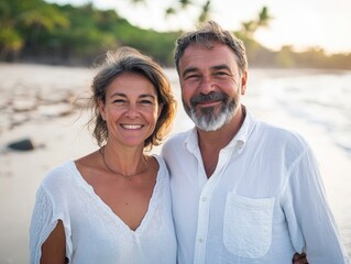 mature couple on the beach feeling happy on vacation, breathtaking view