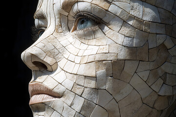 Abstract human face built from mosaic stone textures and integrated stairs, surreal profile merging architecture and human features with light and shadow in modern geometric design