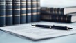 © Kanin - Close-up of documents and a pen resting on a table, with law books in the background, soft focus.