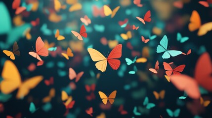 Multicolored butterflies flying through an abstract forest, 3D illustration