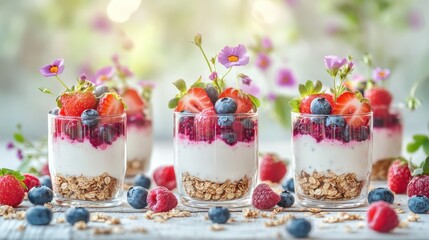 Wall Mural - A colorful display of yogurt parfaits with fruits and granola, perfect for a healthy treat.