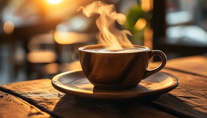 Cozy coffee moment in a sunlit cafe setting with a steaming cup on a rustic wooden table.