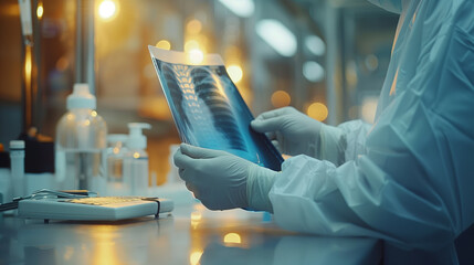 nurse or doctor gloved hands holding and examining an X-ray film. bones on the X-ray