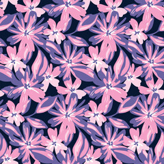 Wall Mural - Seamless floral pattern, abstract ditsy print in purple tones. Artistic style ornament, botanical design of hand drawn flowers, small leaves, dark background. Fabric, wallpaper painted pattern. Vector