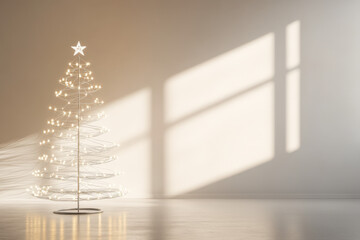 Wall Mural - modern christmas tree with fairy lights is casting shadows in a white room