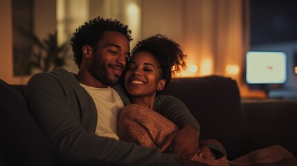 smiling couple enjoys a peaceful evening together, cuddling on a cozy couch in a warmly lit home.