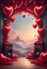 Romantic Valentines background with party music speakers and balloons