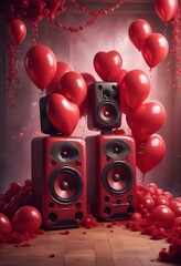 Wall Mural - Romantic Valentines background with party music speakers and balloons