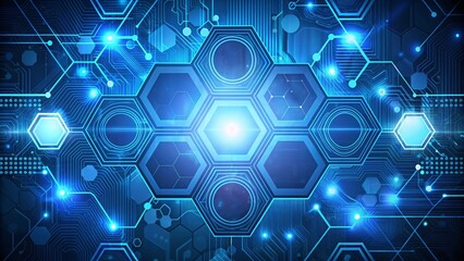 Abstract technological background featuring interconnected hexagons and circuitry, symbolizing digital communication and data flow