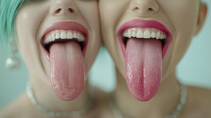 A fun and playful close-up shot of two women with bright lipstick, smiling and sticking their tongues out.