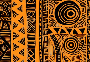 African Tribal Pattern Orange Background Vector Illustration