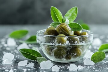 Wall Mural - Green olives in a glass bowl with salt and olive leaves on a gray surface.