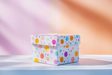 Wall Mural - Square cardboard gift box with colorful polka dot pattern resting on white surface