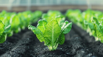 Fresh green lettuce growing in a well-tended vegetable garden, showcasing healthy leaves in rich soil.