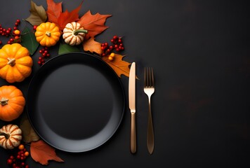 Wall Mural - autumn table setting with pumpkins and leaves