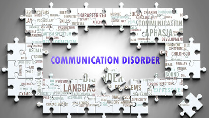 Wall Mural - Communication Disorder as a complex subject, related to important topics. Pictured as a puzzle surrounded by most important ideas and phrases related to communication disorder. ,3d illustration