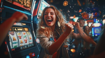 A joyful woman celebrates her win at a slot machine in a vibrant casino filled with colorful lights and lively atmosphere.