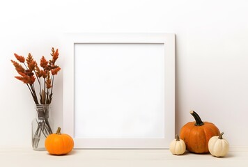Wall Mural - white frame mockup with pumpkins and fall decor