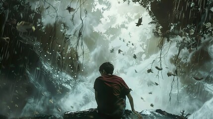 Wall Mural - A Boy Sitting Alone in a Misty Forest