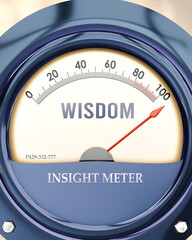 Wisdom and Insight Meter that is hitting a full scale, showing a very high level of wisdom, overload of it, too much of it. Maximum value, off the charts.  ,3d illustration