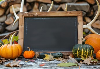 Wall Mural - autumn blackboard with pumpkins and antlers