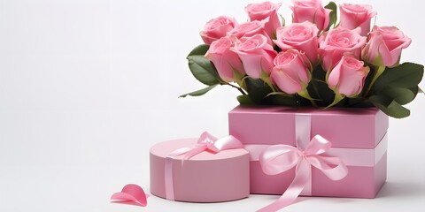 Wall Mural - Pink Roses Bouquet with Gift Boxes & Card for Valentine's Day