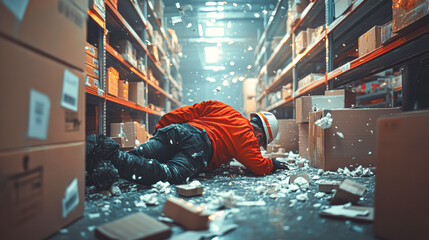 Poster - A man in a red jacket is laying on the ground in a warehouse