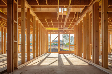 Concrete foundation of homes and homes in different stages of being framed with different sizes of lumber. Building the frame of a wooden house.