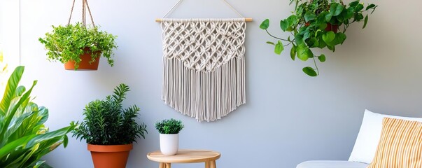 Small patio with a macrame wall hanging, a side table, and hanging plants