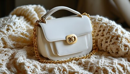 Chic white handbag adorned with a gold chain strap resting elegantly on a cream knitted blanket