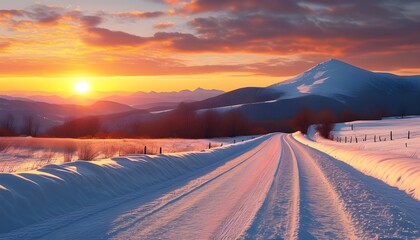 Wall Mural - Serene snowy pathway winding towards a majestic mountain under the golden glow of a sunset, capturing a tranquil winter landscape of peace and wonder