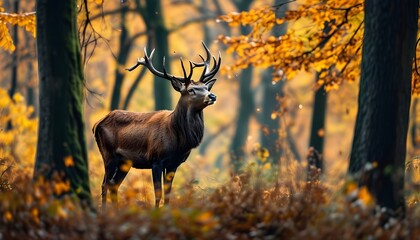 Wall Mural - Majestic stag amidst vibrant autumn foliage in a beautiful forest, embodying the essence of wilderness and natural beauty