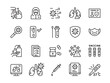 © SpicyTruffel - Corona virus icons. Coronavirus health care. Medical mask. Wash hands with sanitizer. Disease temperature symptoms. Vaccine syringe. Medicine pills. Lungs diagnostic. Vector symbols set