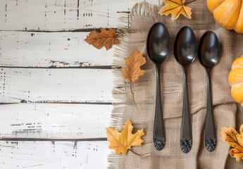 Wall Mural - autumn table setting with black spoons and burlap