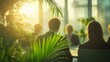 © SKIMP Art - A group of business people in an office meeting room, with a blurred background featuring modern glass walls and green plants Generative AI