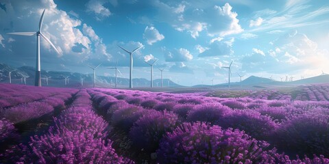 A vibrant landscape of blooming lavender fields with wind turbines under a blue sky, capturing the essence of nature and renewable energy.