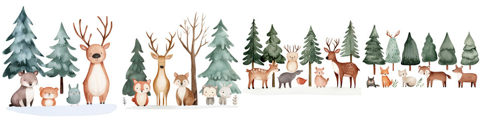 Naklejka na meble A collection of cartoon animals and trees set against a white background.