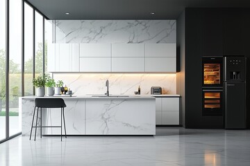 Wall Mural - Minimalist style kitchen with modern white accents 3d render