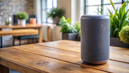 Stylish smart speaker on a wooden table, elevating the modern home audio experience with its sleek design and advanced functionality.