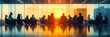 © john - Leadership, silhouette and business people in blurred conference room for discussion, growth or development. Planning, teamwork or office employees in meeting for negotiation, acquisition or b2b deal