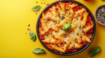 A delicious pasta dish, baked in a casserole with a rich tomato sauce and melted cheese, sits on a bright yellow background.