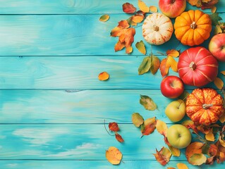 Wall Mural - autumn flat lay with pumpkins, apples & leaves