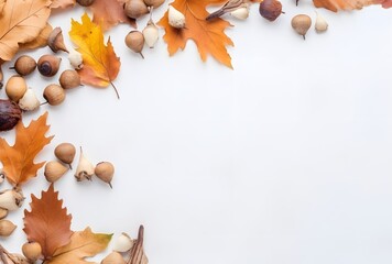 Wall Mural - autumn leaves and acorns on white background