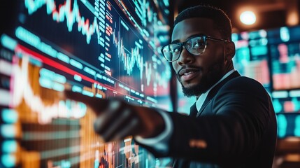 Wall Mural - Business analyst in a suit pointing at financial data charts on displays in a modern office environment during the evening