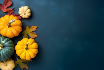 Wall Mural - autumn pumpkins & leaves on blue background