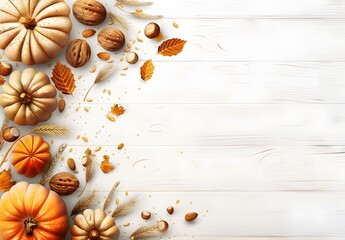 Wall Mural - autumn harvest: pumpkins, wheat & nuts on white wooden table